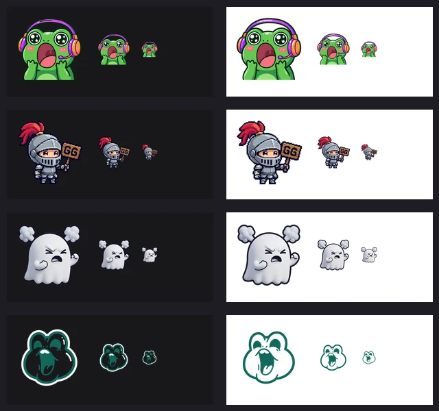 Test sheet of four AI emotes at 112, 56 and 28 px on dark and light chat backgrounds: a frog with headphones, a pixel knight holding a GG sign, a white ghost, and a one-colour frog from a transparent-output model